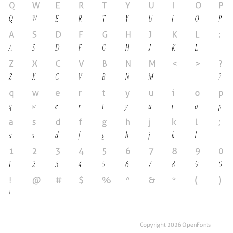 Character Map of Canela Condensed Trial Thin Italic