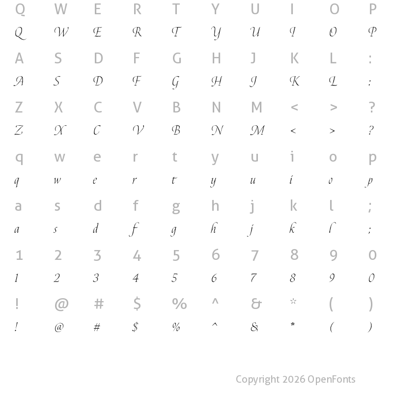 Character Map of Canto Brush Open Light Italic