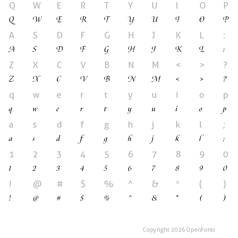 Character Map of Canto Pen Semibold Italic