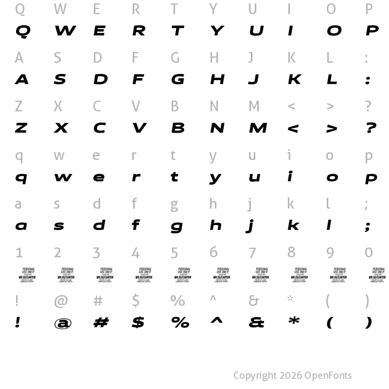Character Map of Canyon PERSONAL USE ONLY Black Italic