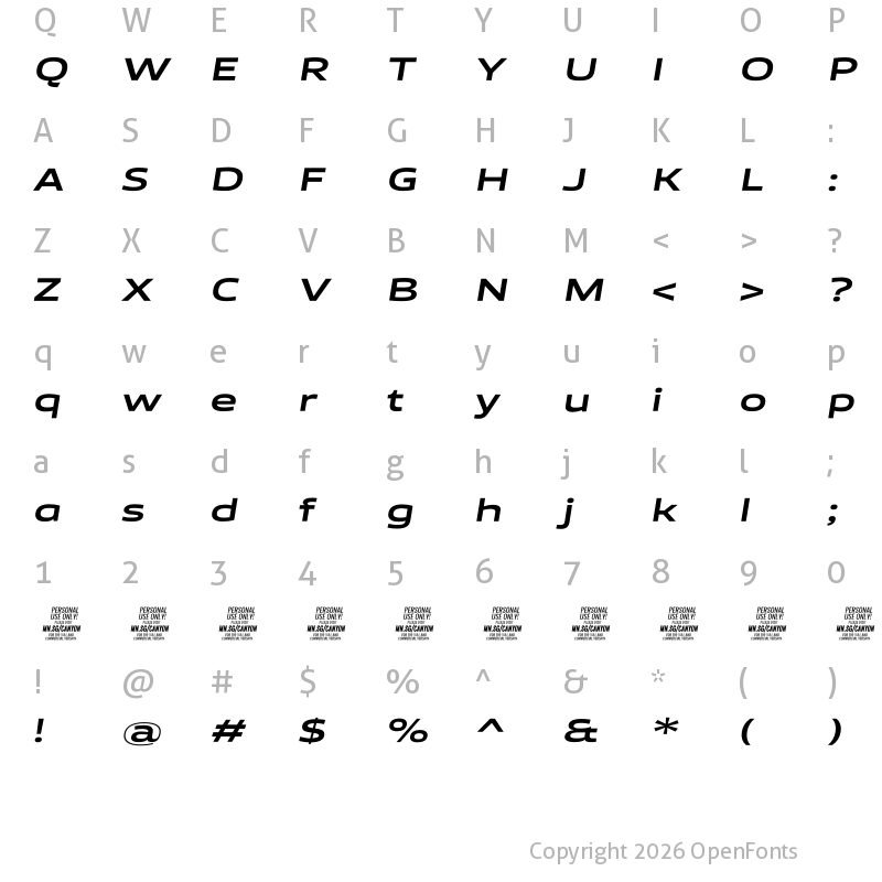 Character Map of Canyon PERSONAL USE ONLY Bold Italic