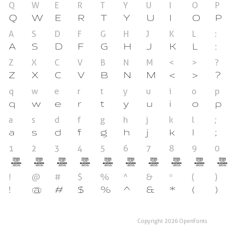 Character Map of Canyon PERSONAL USE ONLY ExtraLight
