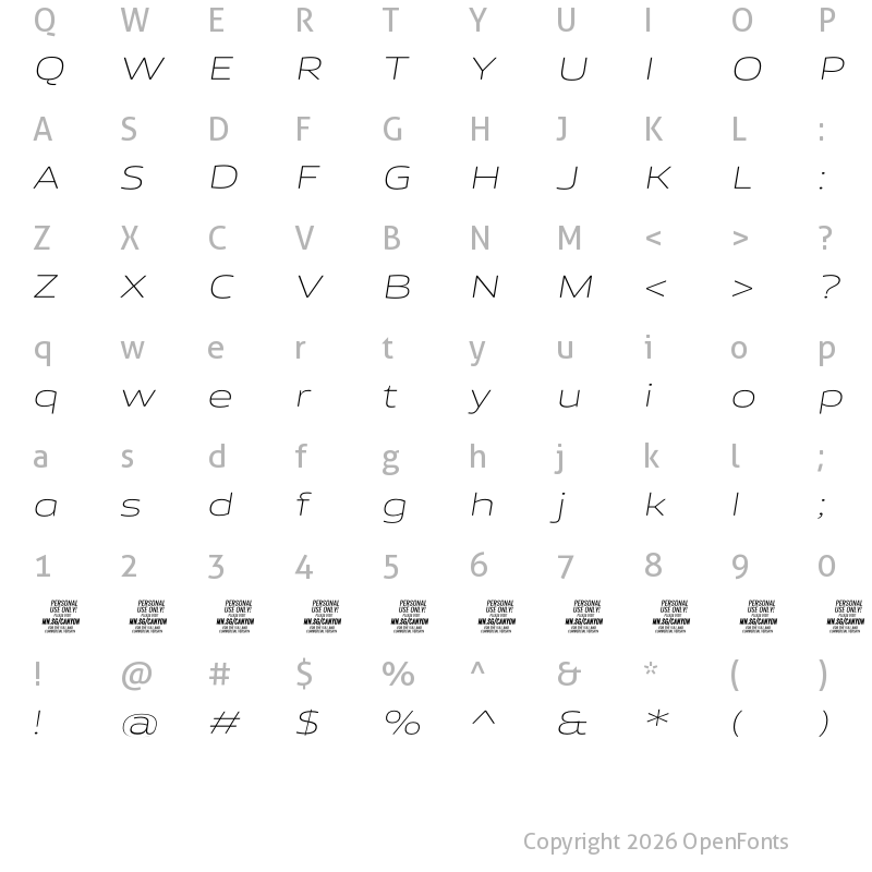 Character Map of Canyon PERSONAL USE ONLY ExtraLight Italic