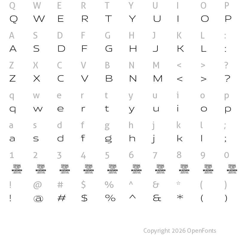 Character Map of Canyon PERSONAL USE ONLY Light