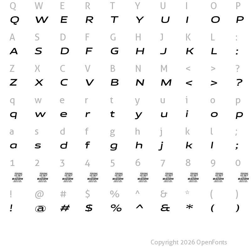 Character Map of Canyon PERSONAL USE ONLY SemiBold Italic