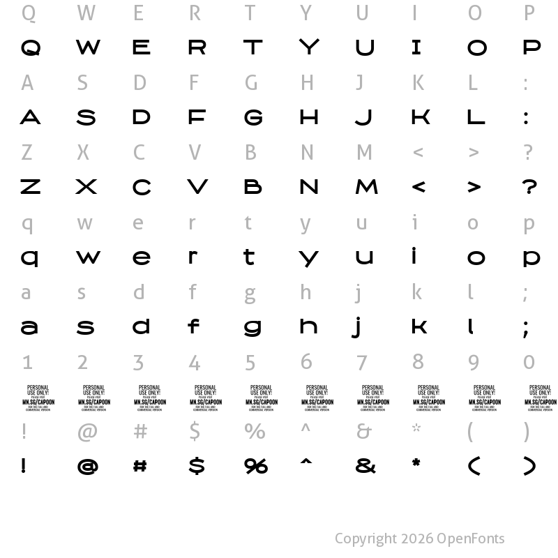 Character Map of Capoon PERSONAL USE Bold