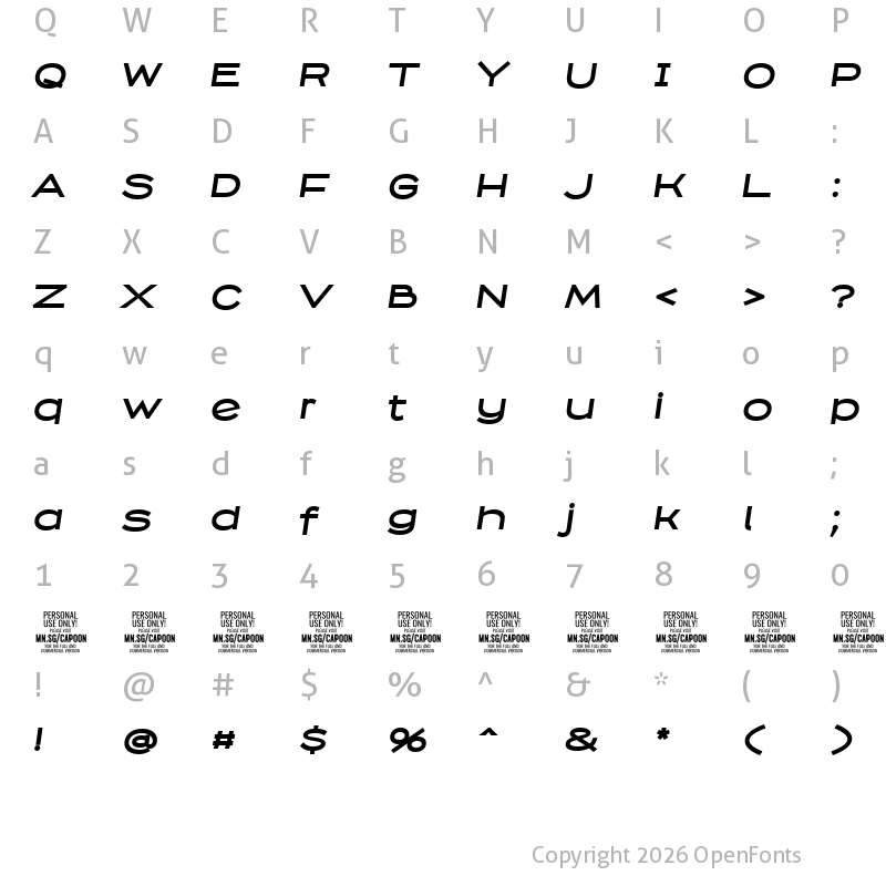 Character Map of Capoon PERSONAL USE Bold Italic