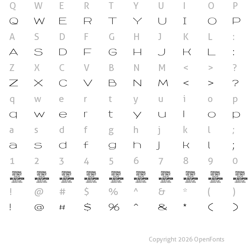 Character Map of Capoon PERSONAL USE Light