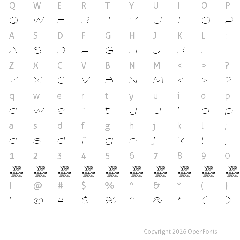 Character Map of Capoon PERSONAL USE Thin Italic