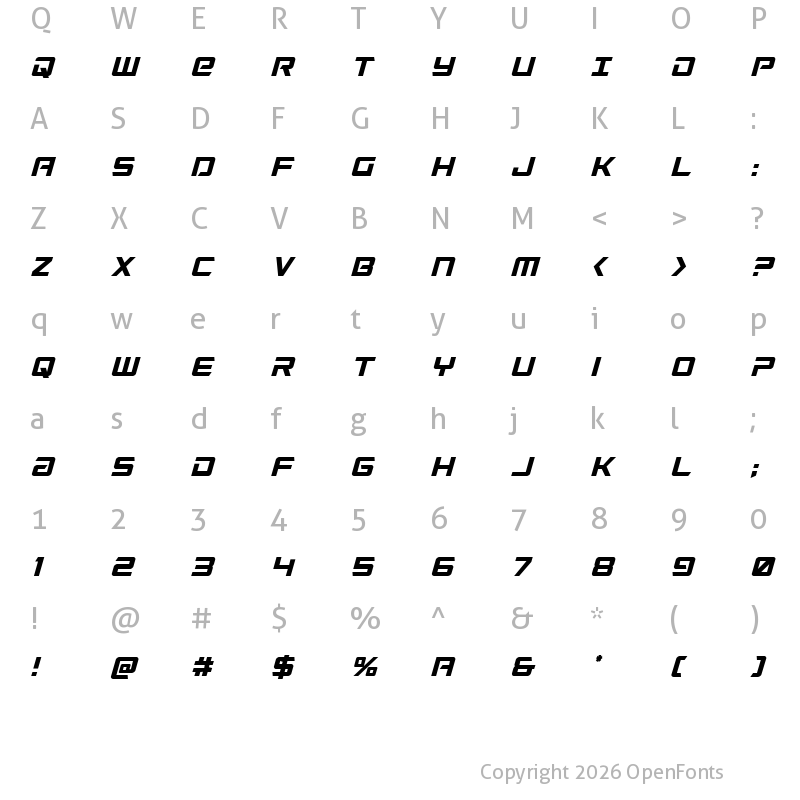 Character Map of Captain Falcon Condensed Ital Regular