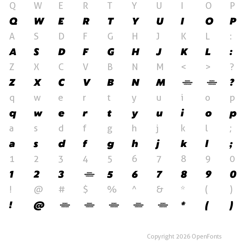 Character Map of Captura Heavy Italic Demo