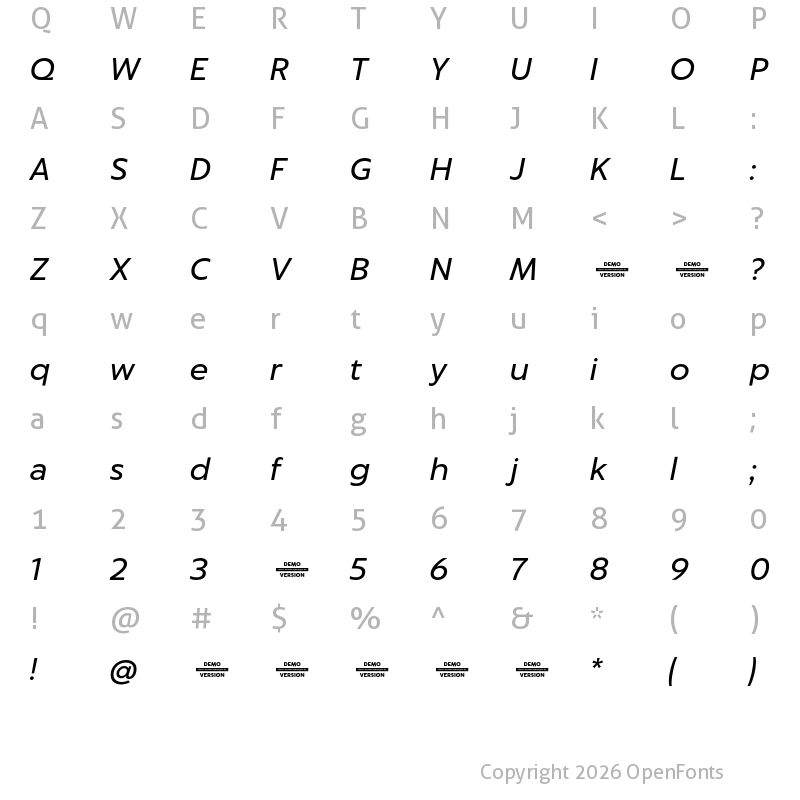 Character Map of Captura Italic Demo
