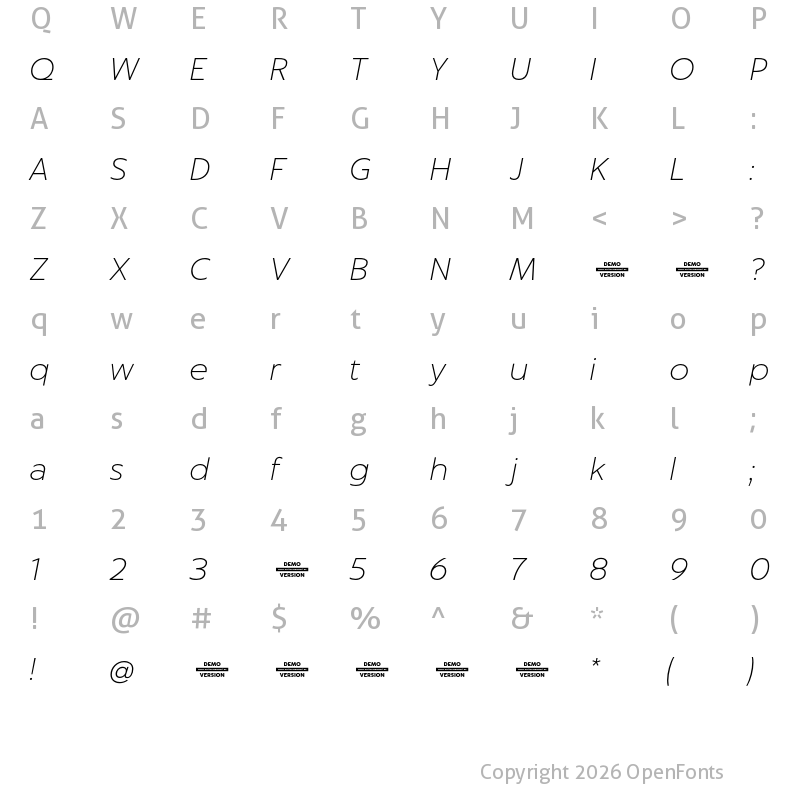Character Map of Captura Thin Italic Demo