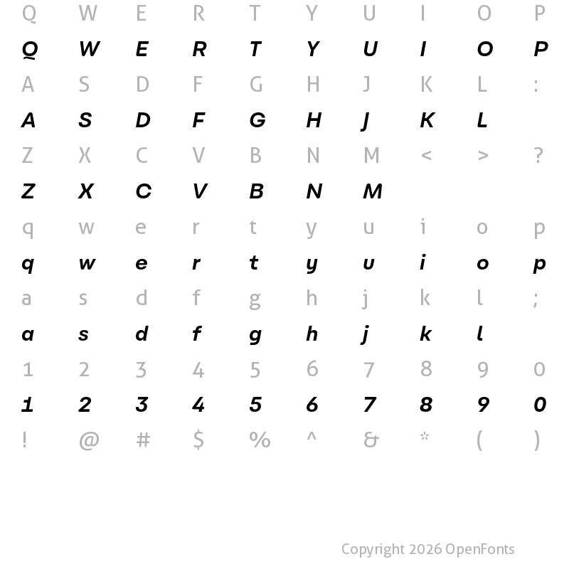 Character Map of Carbona Test Bold Slanted