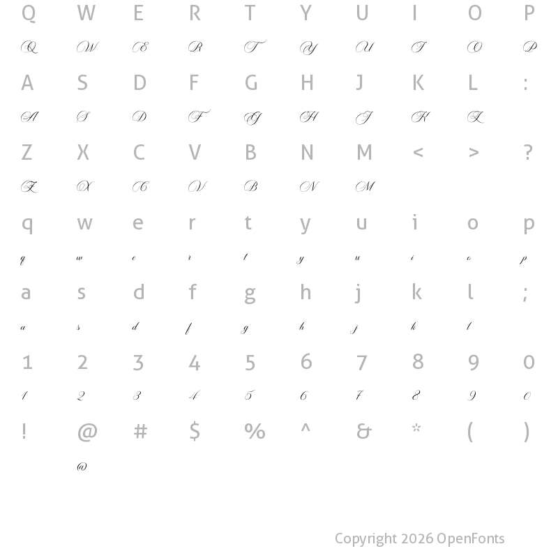 Character Map of Carista Calligraphy Regular