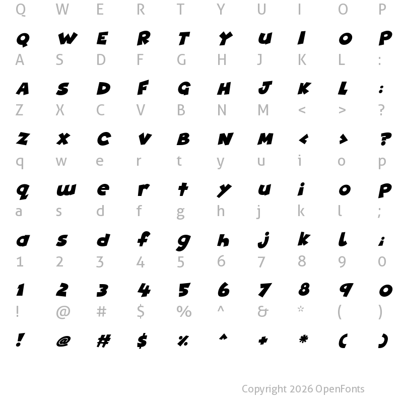 Character Map of Cartoon Fun Italic