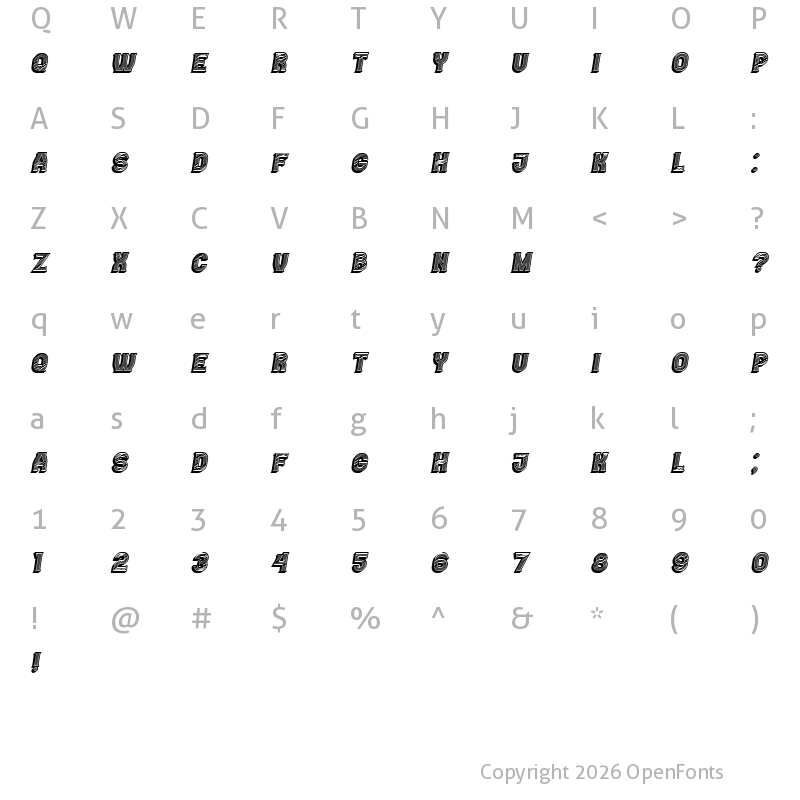 Character Map of Casino 3D Lines Italic