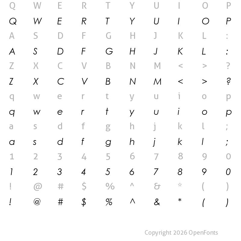 Character Map of Century Gothic Italic