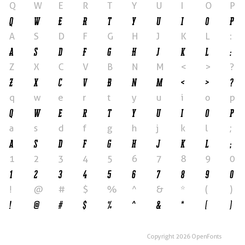 Character Map of Cheddar Gothic Slab Italic