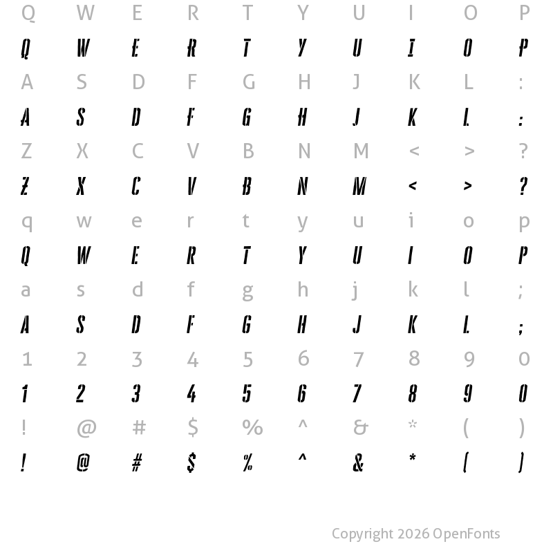 Character Map of Cheddar Gothic Stencil Italic