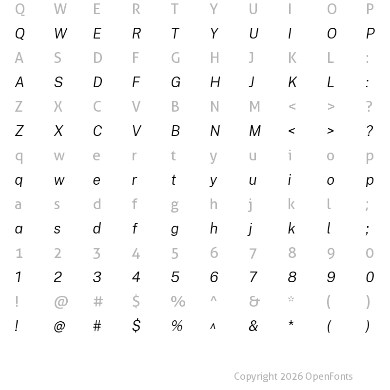 Character Map of Cheyenne Sans Novus Light Italic