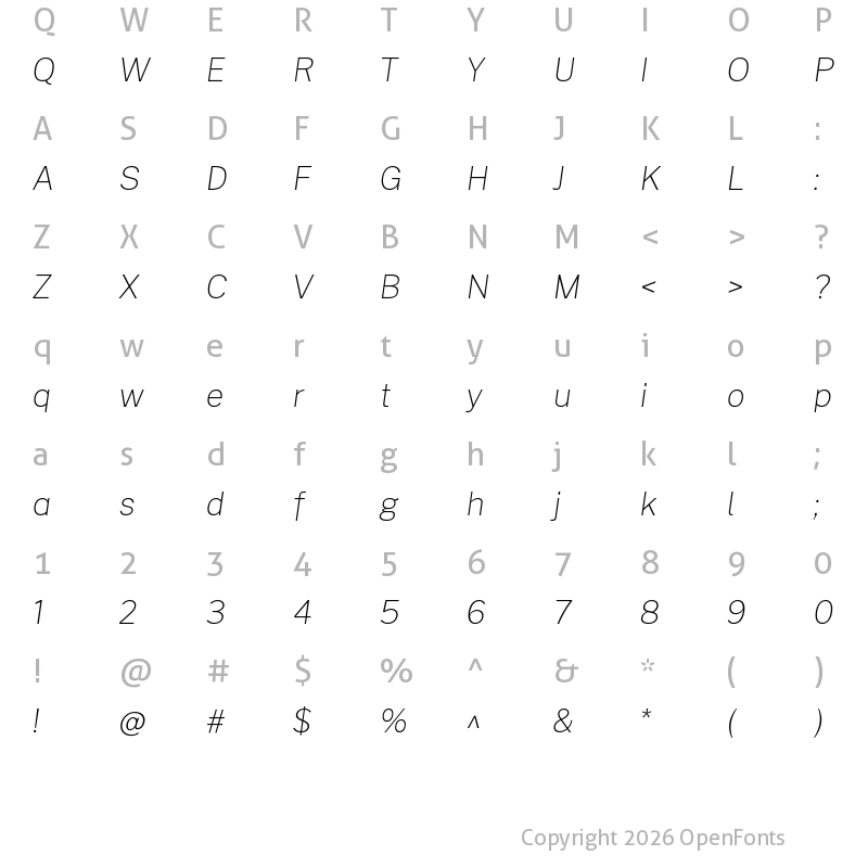 Character Map of Cheyenne Sans Thin Italic