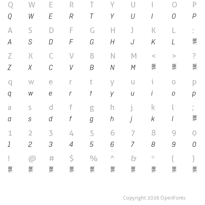 Character Map of Ciutadella TRIAL Light Italic