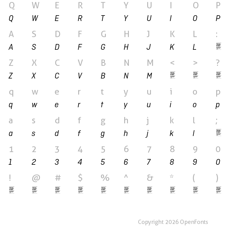 Character Map of Ciutadella TRIAL Regular Italic