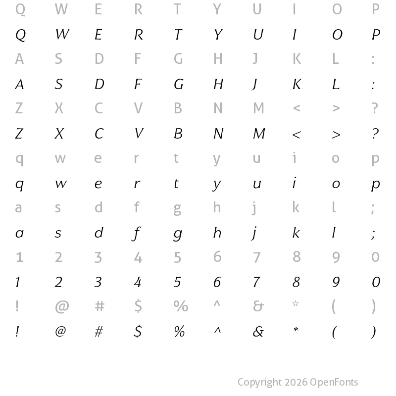 Character Map of Civane Ext Light Italic