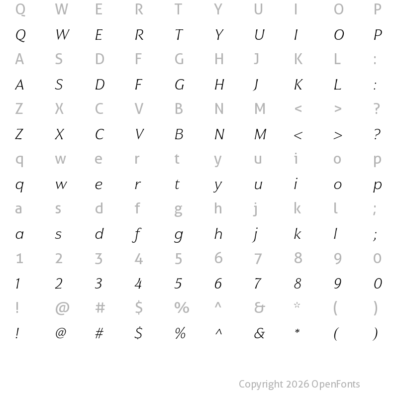 Character Map of Civane Ext Thin Italic