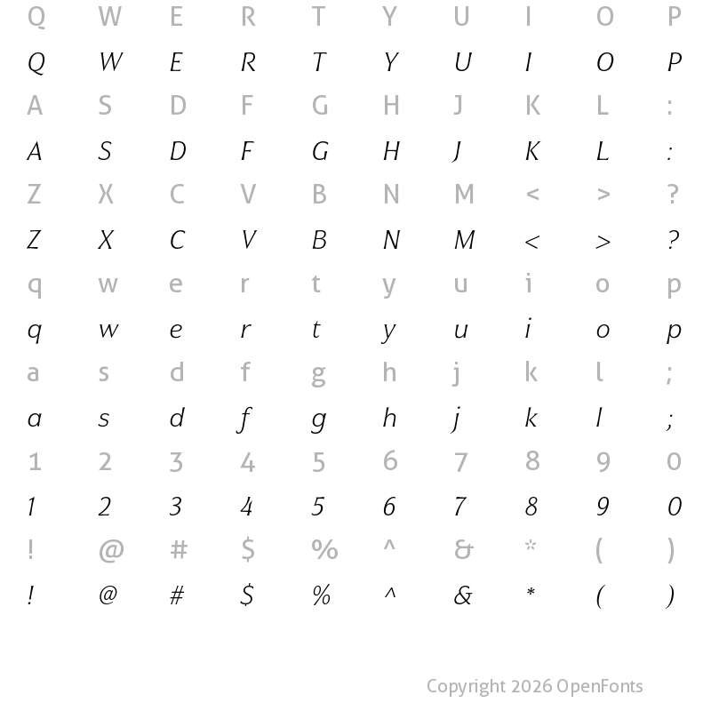 Character Map of Civane Norm Thin Italic