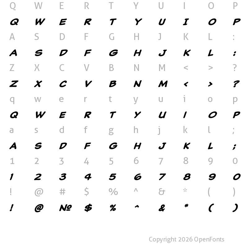 Character Map of Classic Comic Bold Italic