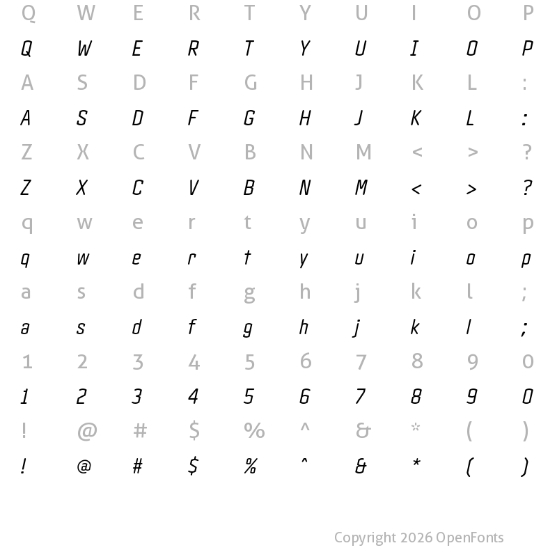 Character Map of Clicker Condensed Book Italic