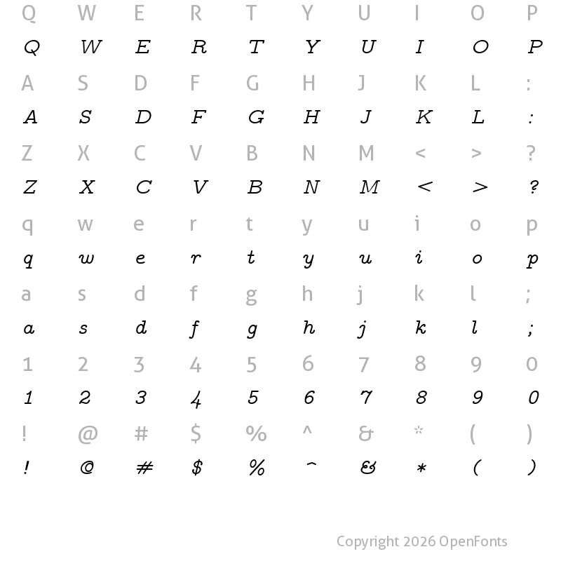 Character Map of CMU Typewriter Text Variable Width Italic