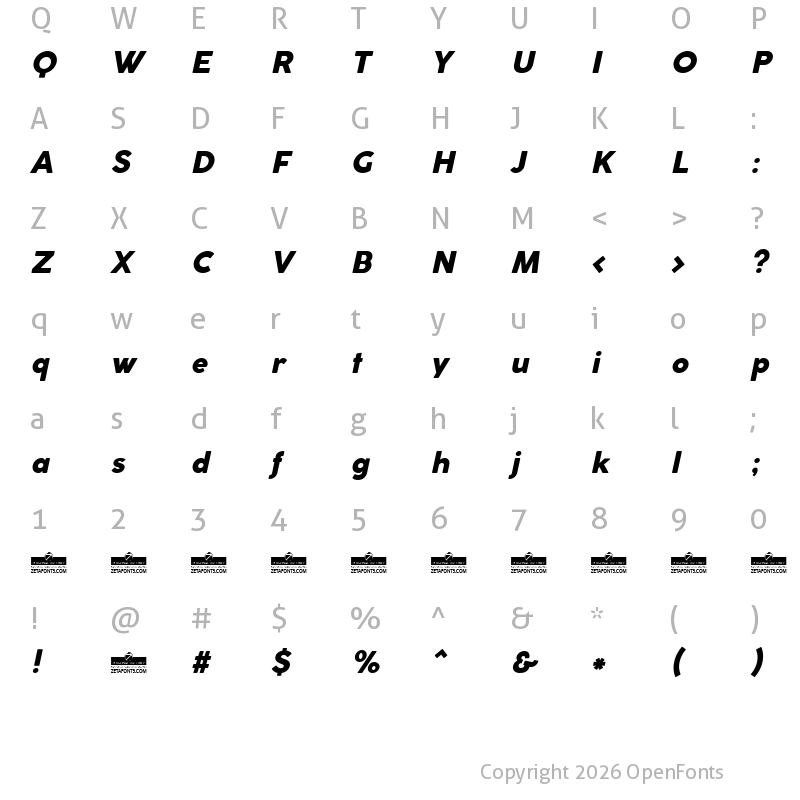 Character Map of Coco Gothic Heavy Italic
