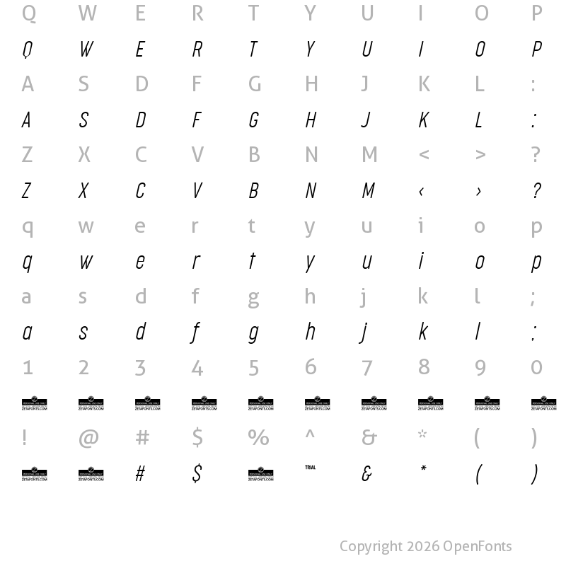 Character Map of Cocogoose Compressed Trial UltraLight Italic
