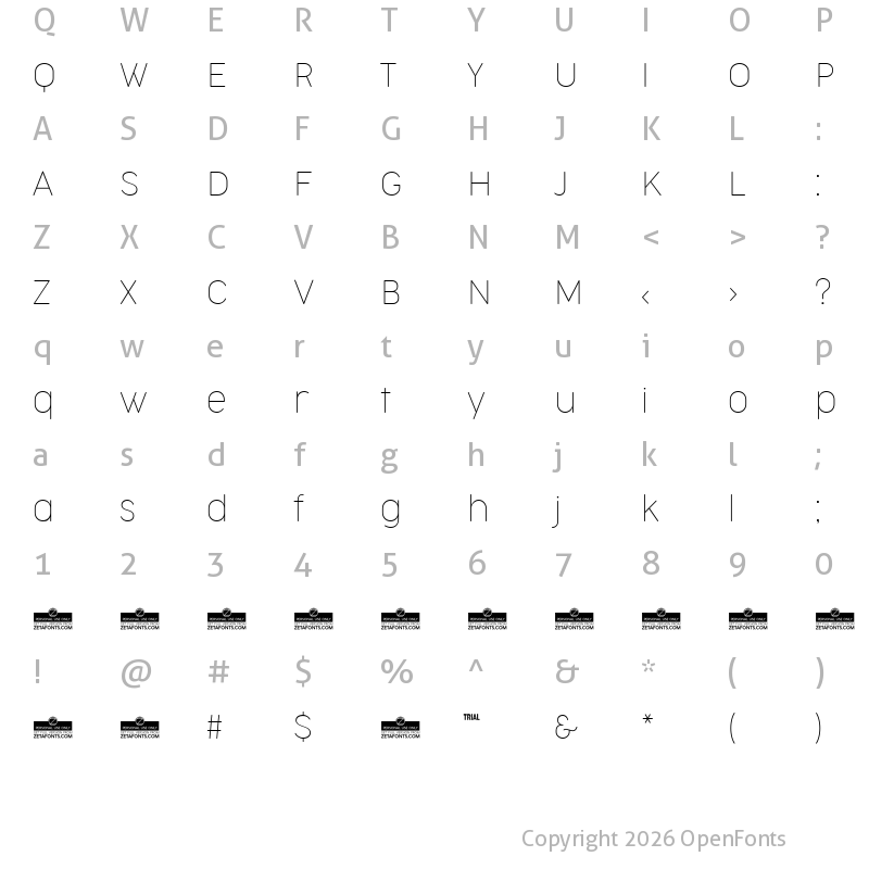 Character Map of Cocogoose Narrow Trial Thin