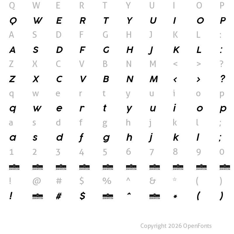 Character Map of Cocogoose Pro SemiLight Italic