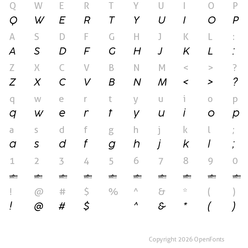 Character Map of Cocogoose ProTrial Light Italic