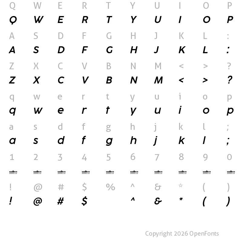 Character Map of Cocogoose ProTrial Semilight Italic