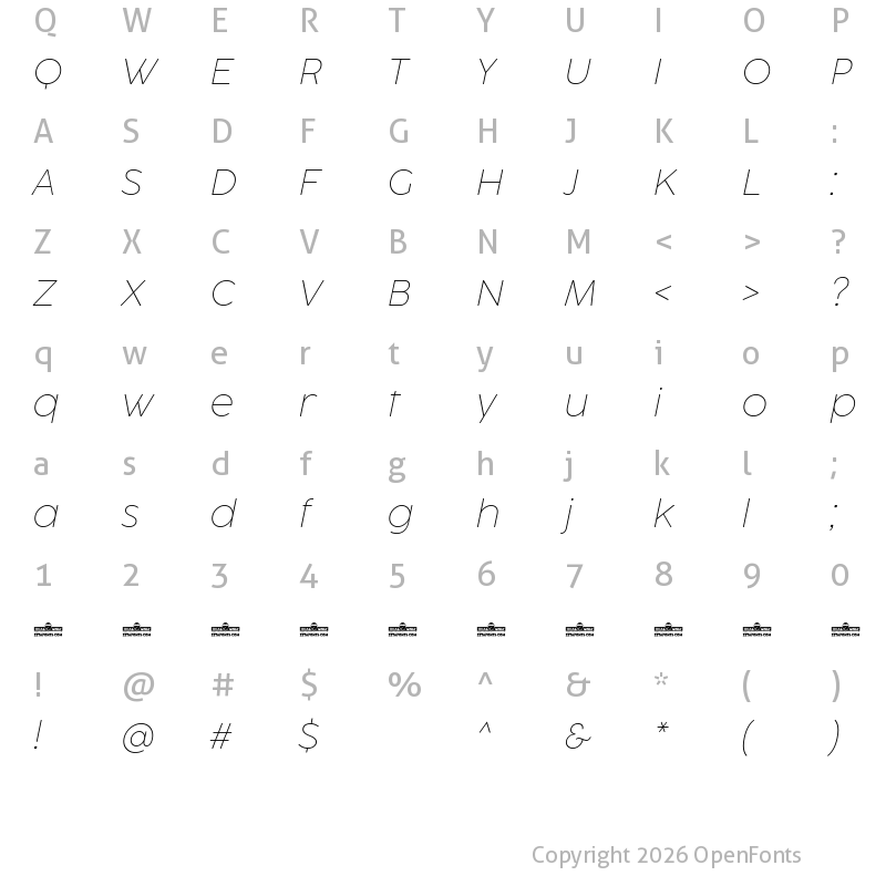 Character Map of Cocogoose ProTrial Thin Italic