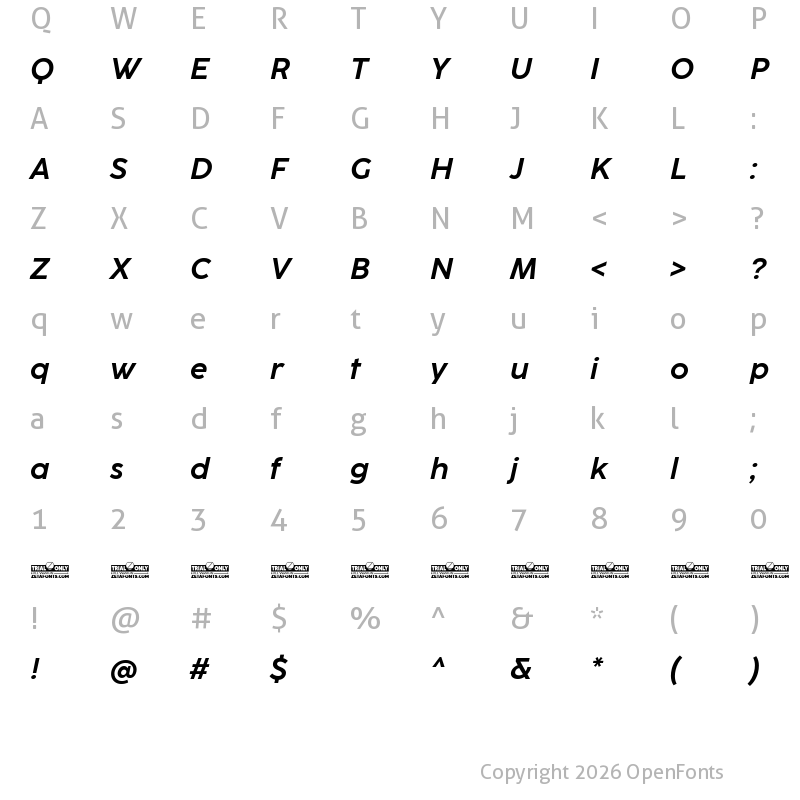 Character Map of CocoSharp Trial Bold Italic