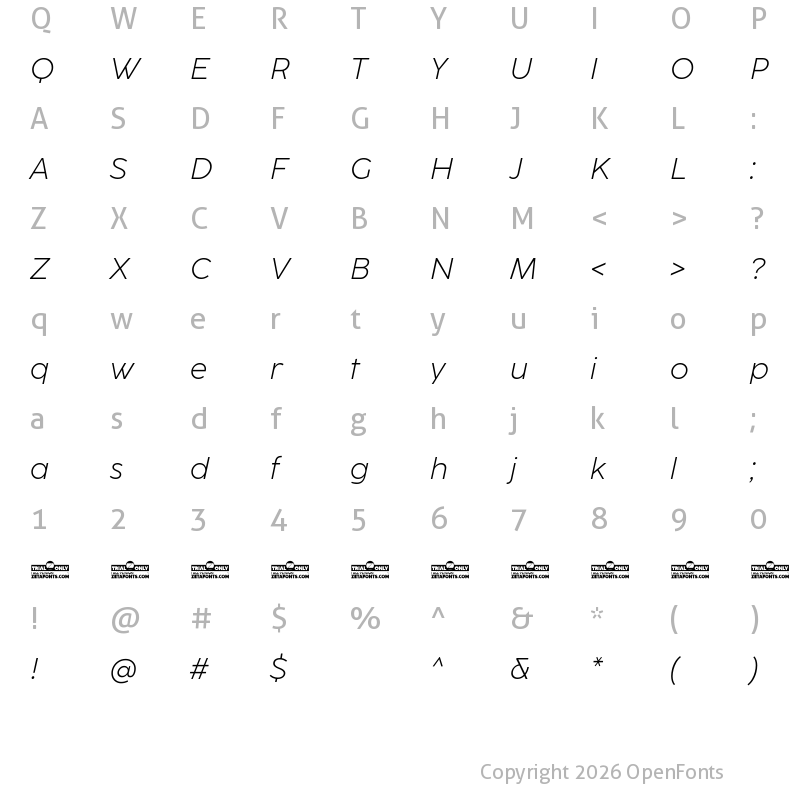 Character Map of CocoSharp Trial Light Italic