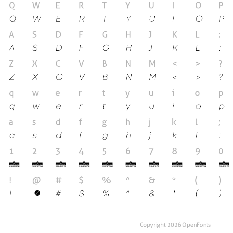 Character Map of Codec Cold ExtraLight Italic