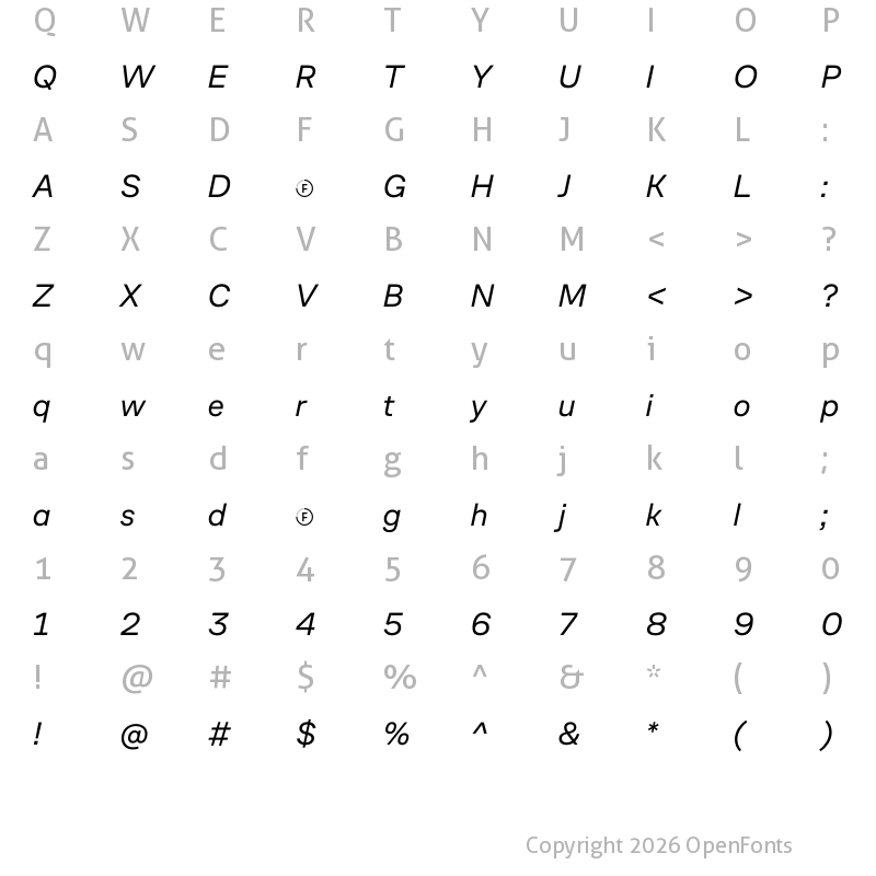 Character Map of CoFo Sans Regular Italic