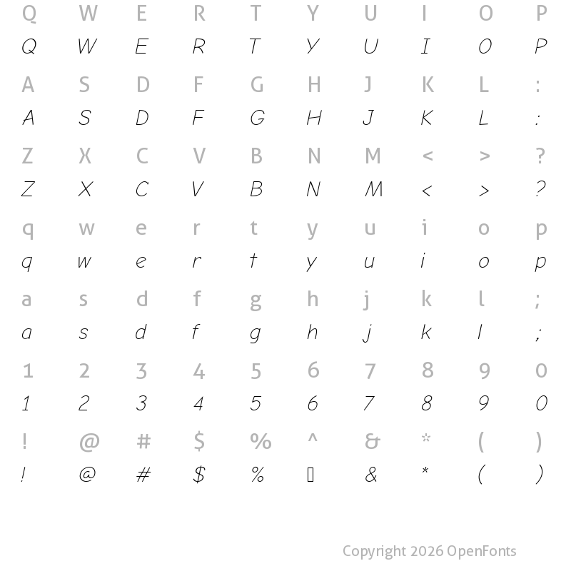 Character Map of Comic Neue Angular Light Oblique