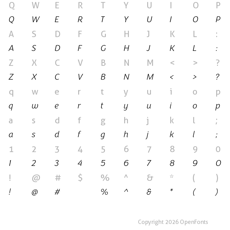 Character Map of Congenial ExtraLight Italic