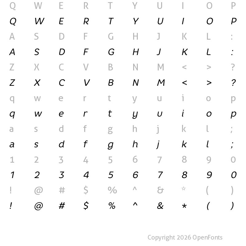 Character Map of Core Rhino 45 Regular Italic