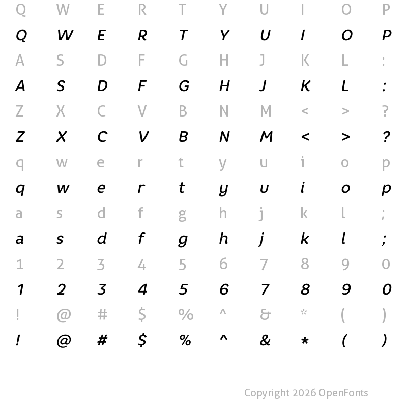 Character Map of Core Rhino 55 Medium Italic