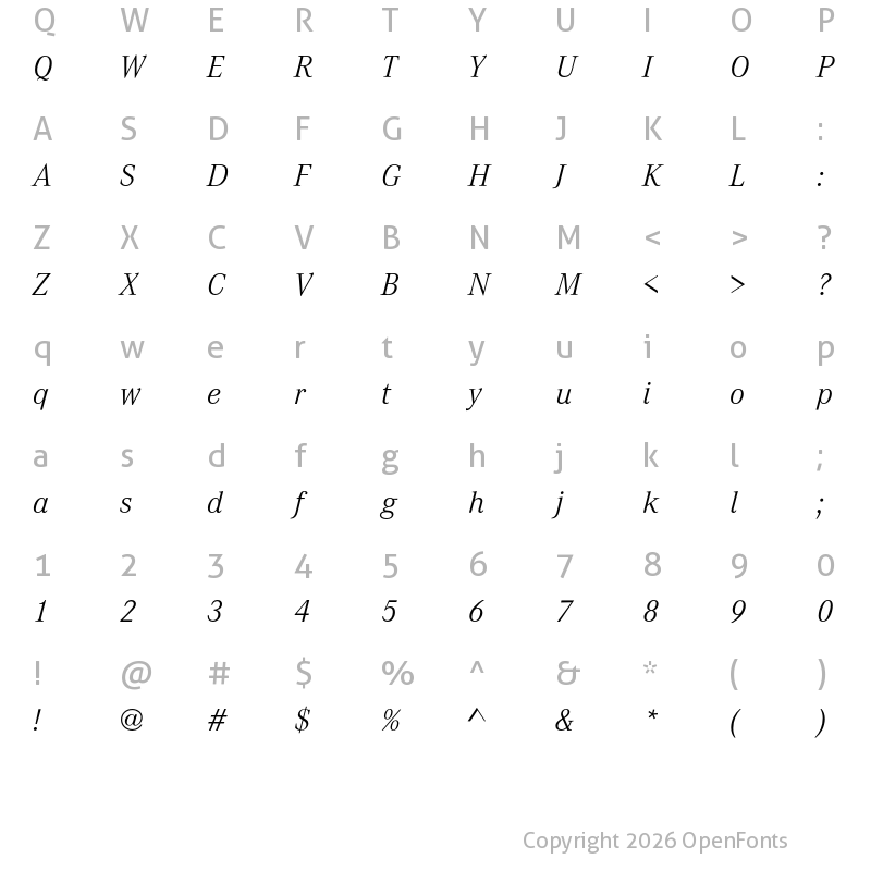 Character Map of Corporate A Light Italic